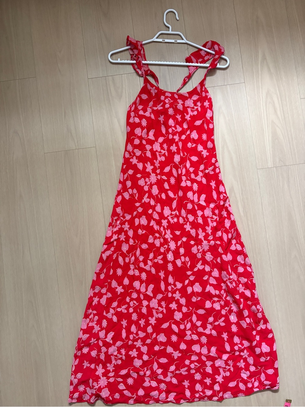 Mango Red Floral midi Dress with Pink Leaf Print